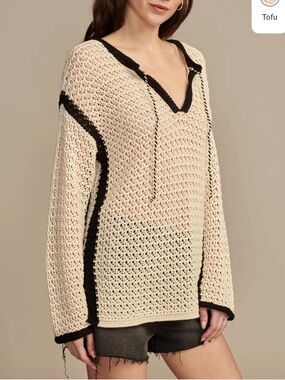 Lucky Brand Cream Crochet V-Neck Sweater with Black Trim
